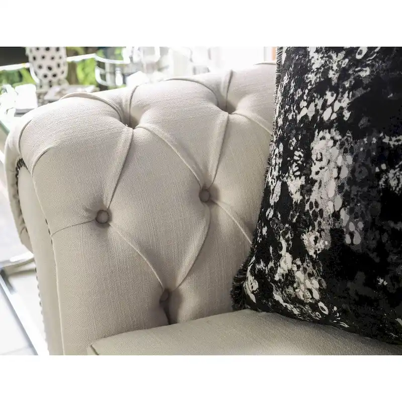 Glam Beige Fabric Upholstered Tufted Nailhead Trim Sofa