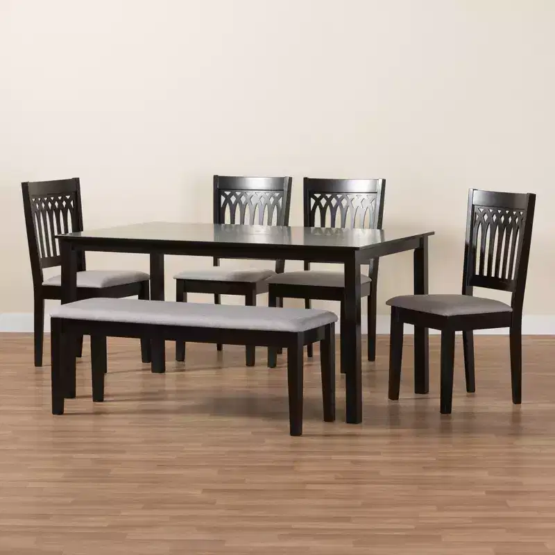 Modern Fabric & Wood Dining Set for 6 – 4 Chairs + Bench + Table