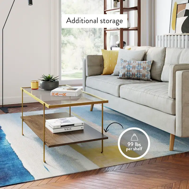 Mid-Century Coffee Table with Glass Top and Oak Shelf
