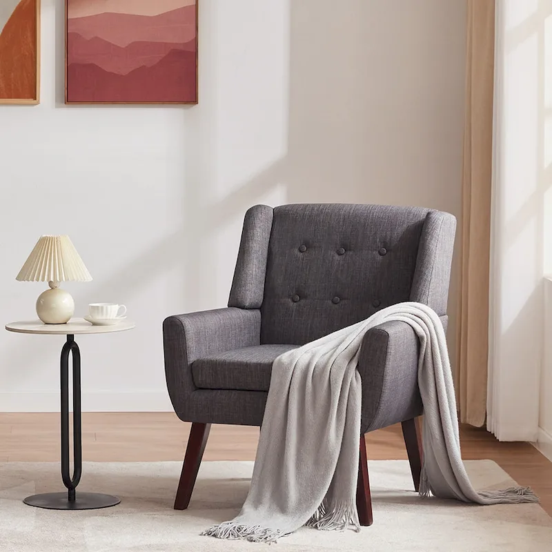 Linen Accent Chair with Tufted Back