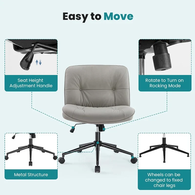 Criss Cross Chair with Wheels, Legged Home Office PU Leather Wide Armless Desk Seat, Rolling Ergonomic Comfy Vanity Seating