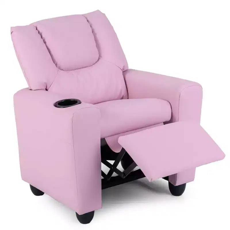 Kids Recliner Chair with Cup Holder – Beige / Black / Brown / Pink, Push-Back Style, 1-Seat