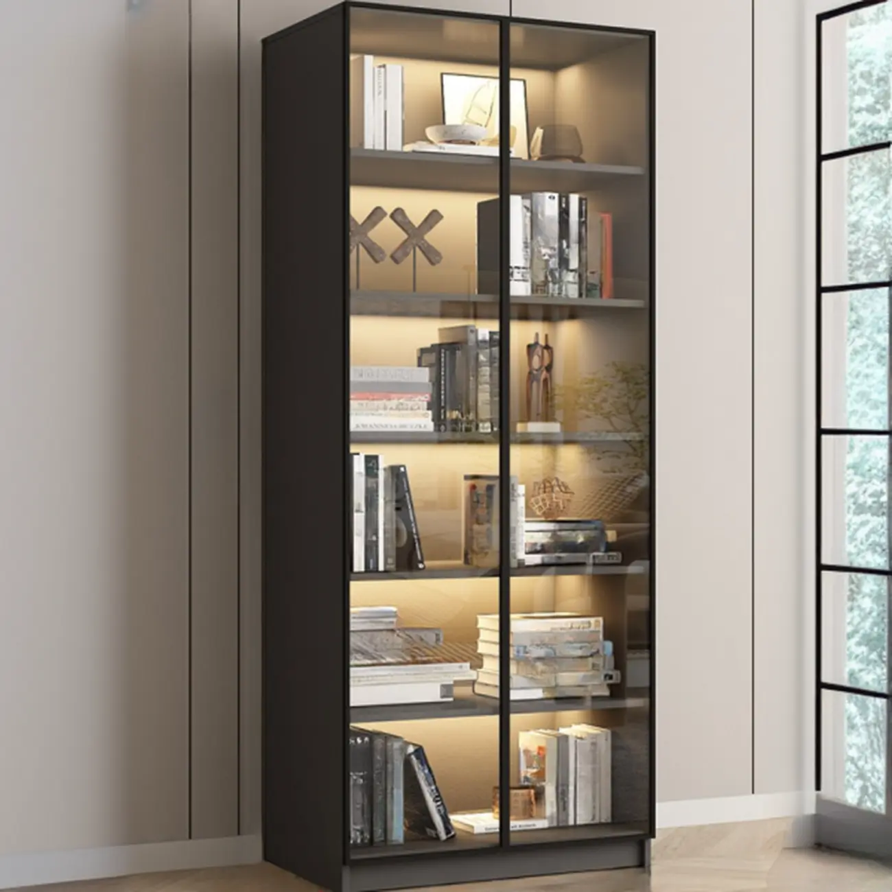 Black Wood Glass Door Storage Standard Display Cabinet