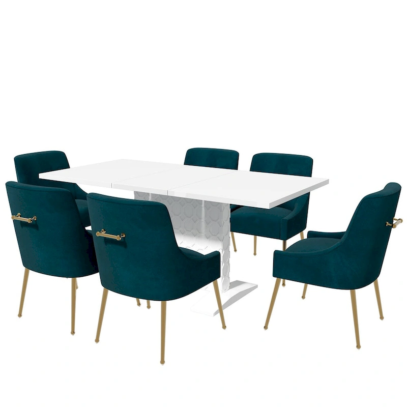7-Piece Clihome High-gloss Extendable Table Velvet Chair Dining Set