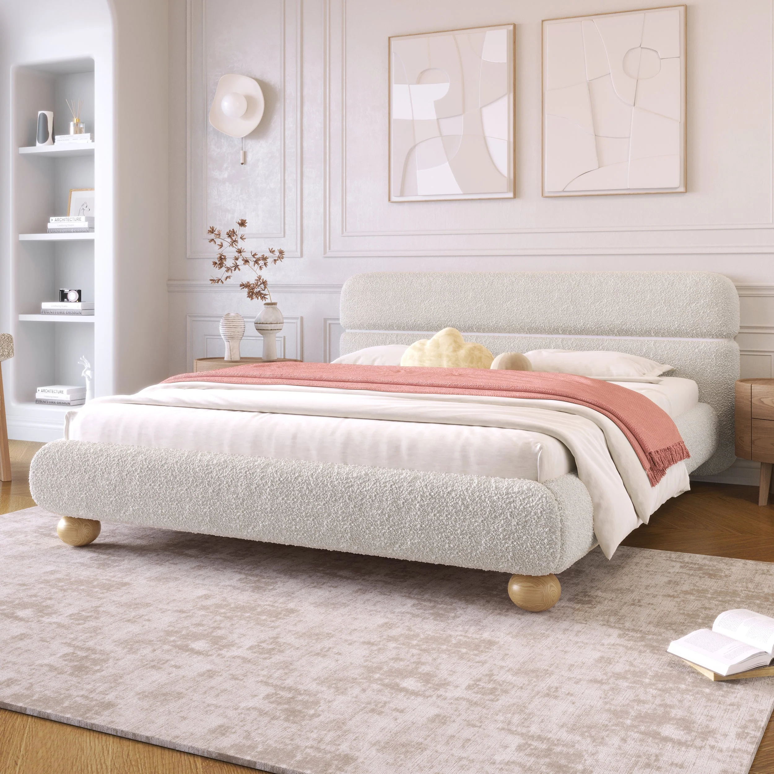 Walker Edison | Contemporary Boucle Queen Bedframe with Solid Round Legs