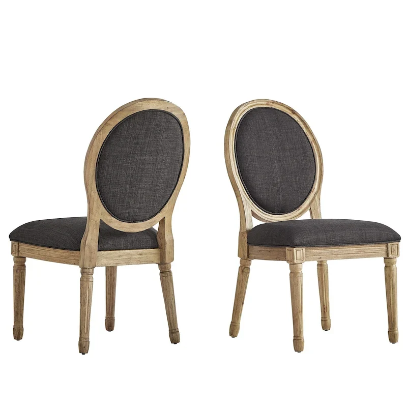 Round Linen and Wood Dining Chairs Set of 2, Artisan Style Upholstered Side Chairs