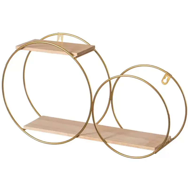 Tiered Modern Decorative Round Accent Floating Shelf Circle Decor Display Wall Mounted Shelf with Metal Frame and Pine Wood Shelves, Gold