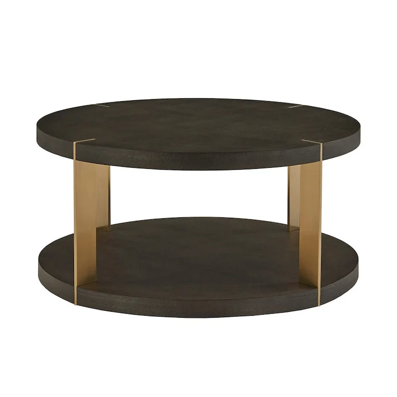 Gold Metal Dark Brown Faux Shagreen Round Table