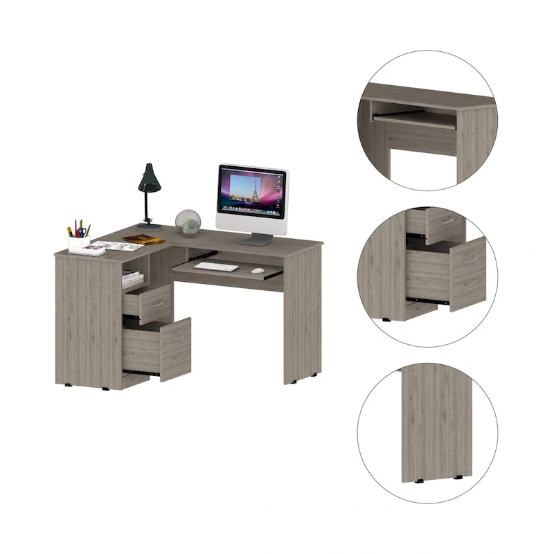 TUHOME Mix L-Shaped Desk with Open Shelving, 2 Drawers, and a Retractable Keyboard