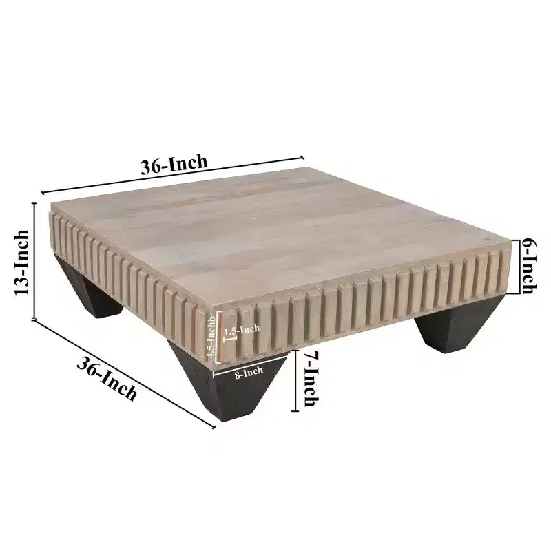 Royal Hampton Tokyo Inspired 36 Inch Square Mango Wood Coffee Table-Handcrafted with Elegant Sandblasted Gray Finish and Tapered Legs