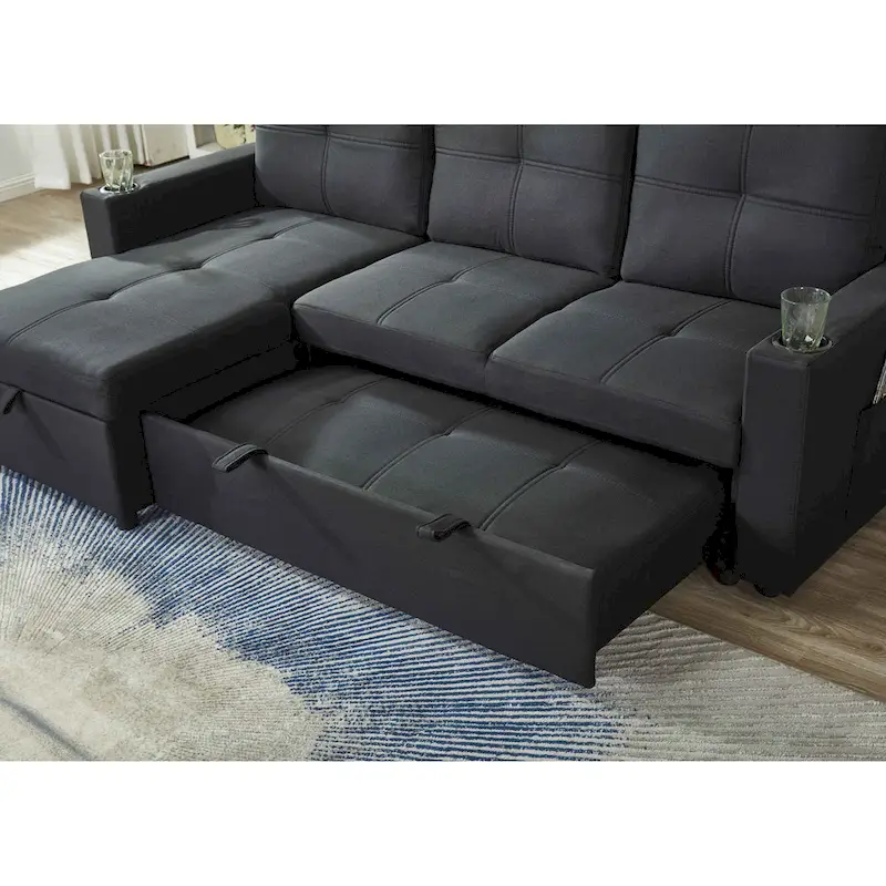 Linen Sectional Sofa Reversible Chaise with Pull out Sleeper