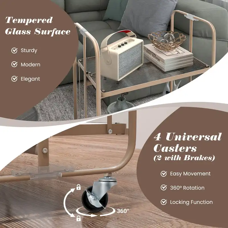 2-Tier Mobile Serving Cart with Tempered Glass Shelf-Golden - 26 x 16 x 28.5