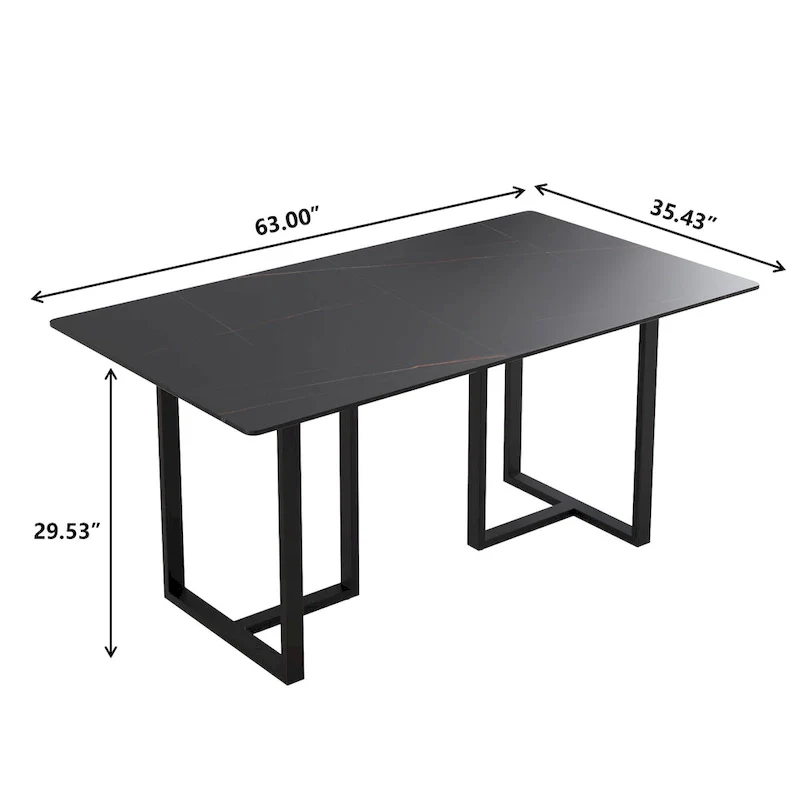 Black Modern 63L x 35W Rectangular Marble Dining Table with Steel Legs