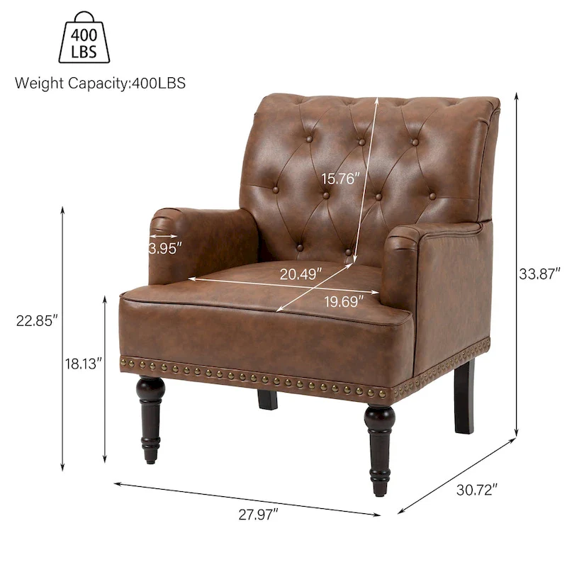 Button-Tufted PU Leather Accent Chair, Black/Brown/Beige, Nailhead Trim, Seats 1