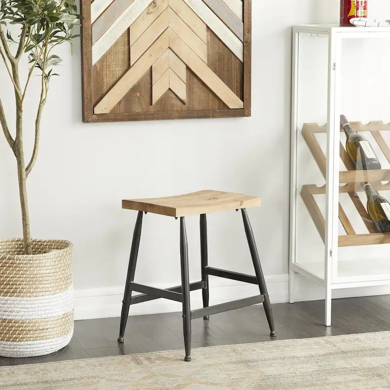 Metal Counter Stool with Brown Wood Top - Black
