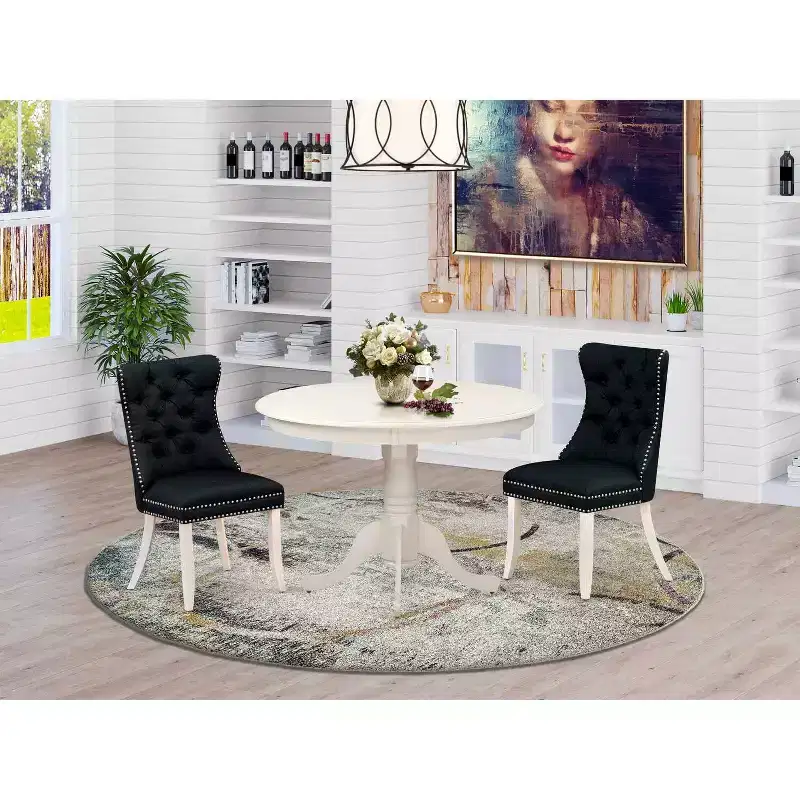 3-Piece Linen White Finish Solid Wood Top-Round Upholstered Dining Room Set-Seats 4