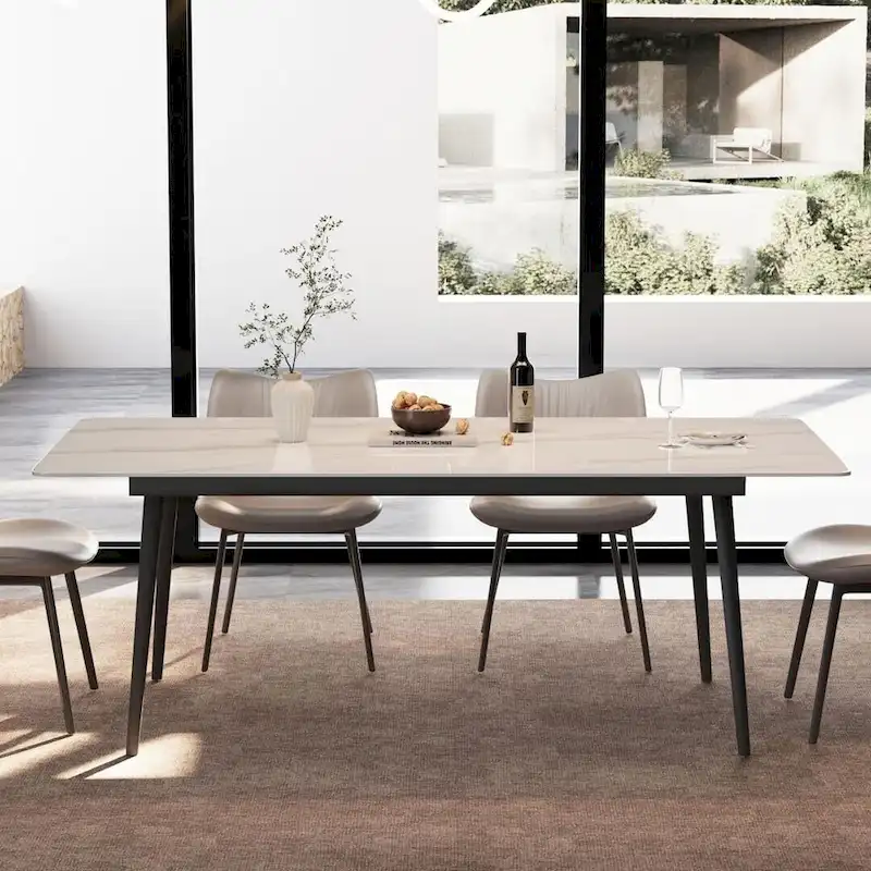 70.8 inch rectangular white kitchen dining table, with a sintered stone marble tabletop, metal legs