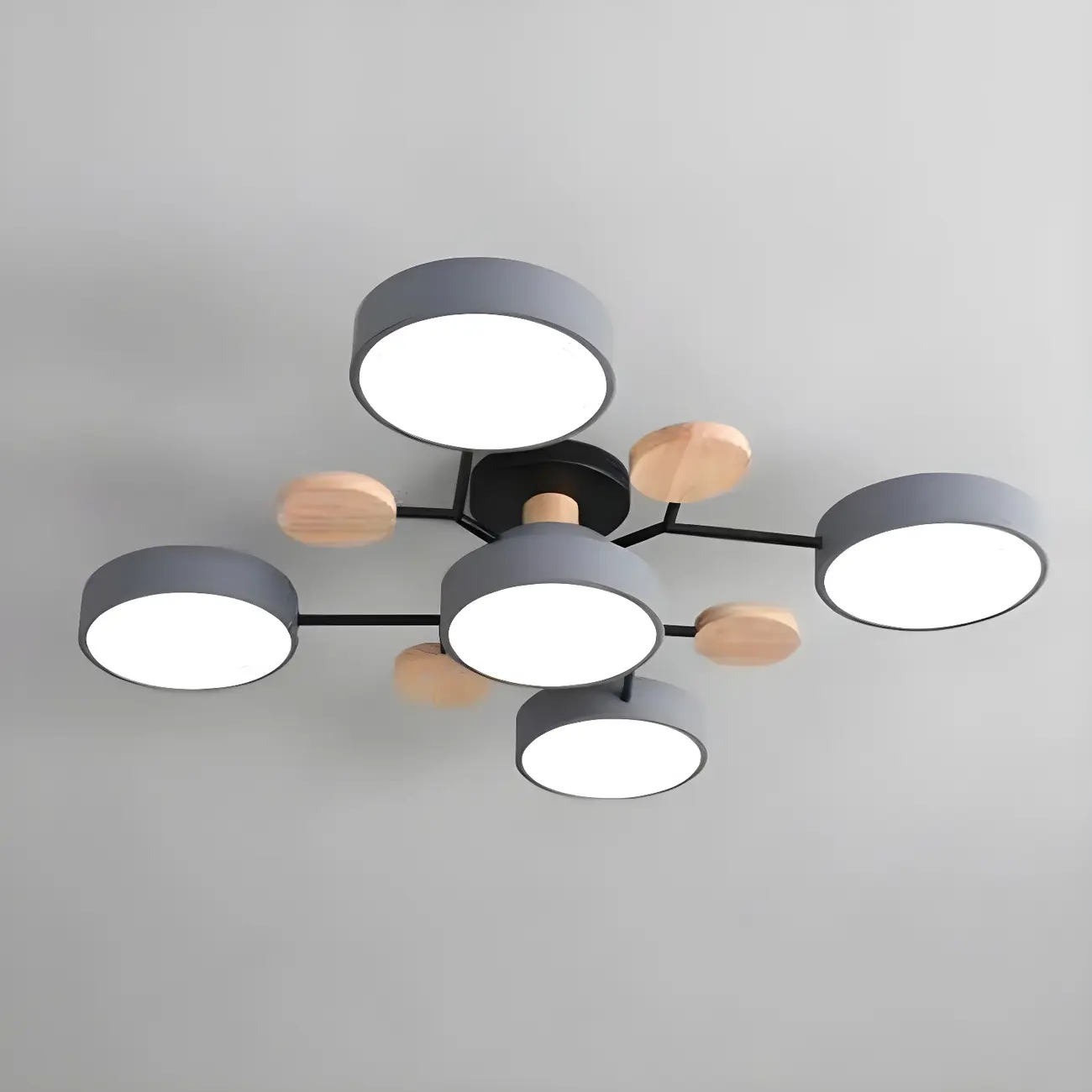 Large Gray Round Metal Semi-Flush Ceiling Light, 7-Light