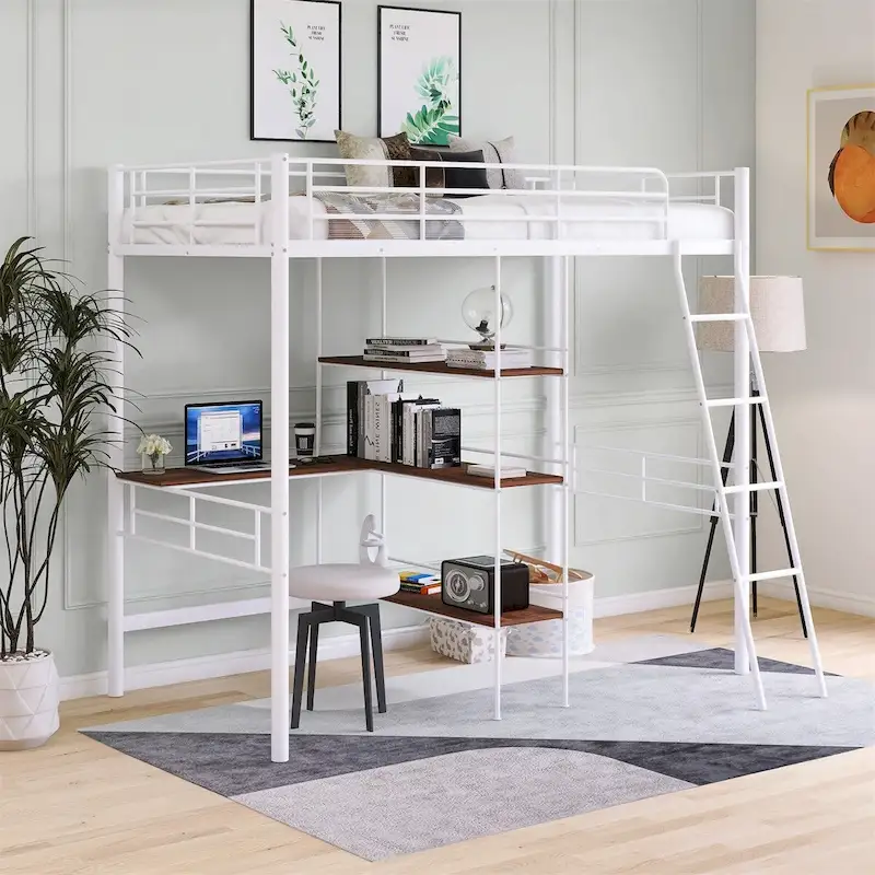 Merax Twin Size Metal Loft Bed with Built-in Desk and Shelves