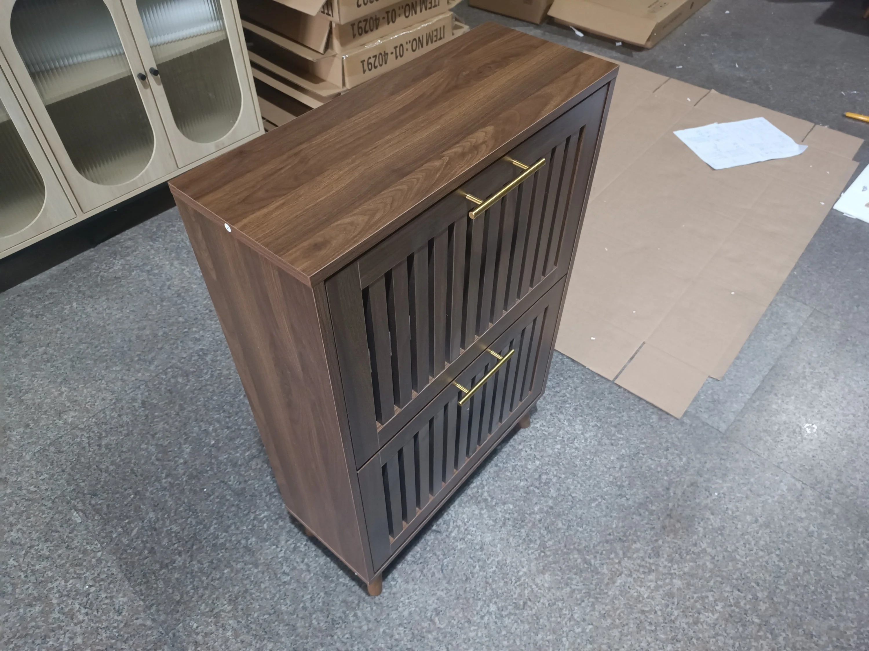 Medieval Modern Walnut Shoe Rack Entryway Cabinet