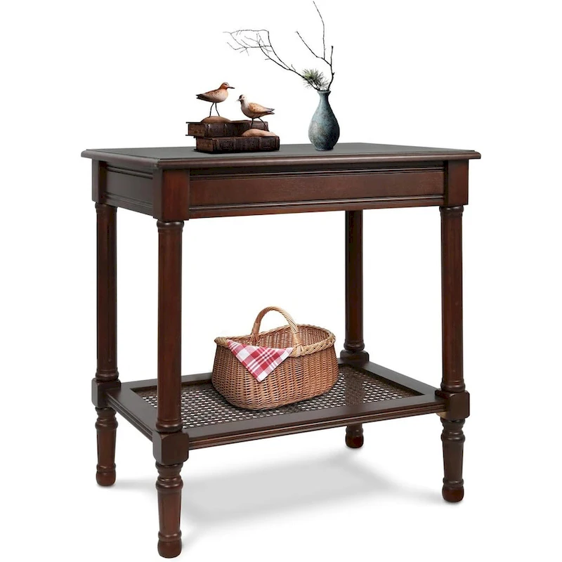 Copper Grove Reine Cream Side Table with Rattan Shelf