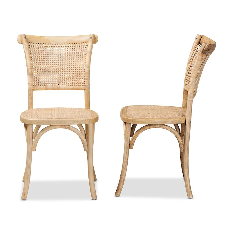 Fields Mid-Century Woven Rattan and Natural Wood Dining Chair Set (2PC)