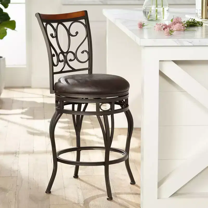 Kensington Hill Trevi Bronze Swivel Bar Stool Brown 26 1/2 High Traditional Faux Leather Cushion with Backrest Footrest for Kitchen Counter Height