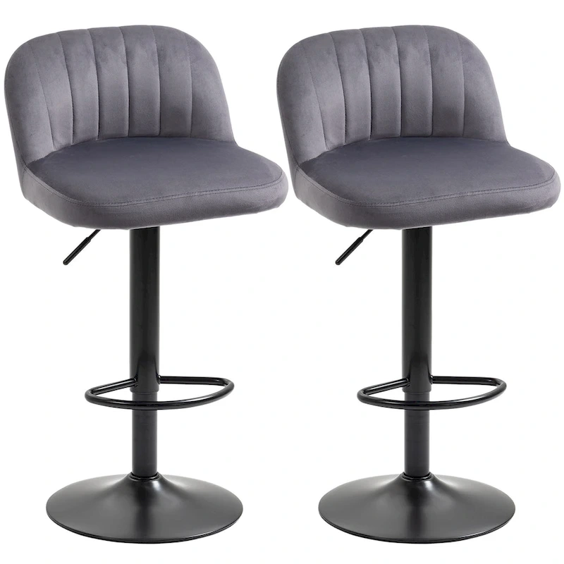 HOMCOM Adjustable Bar Stools Set of 2, Velvet Counter Height Barstool, Upholstered Kitchen Stool with Swivel Seat, Steel Frame