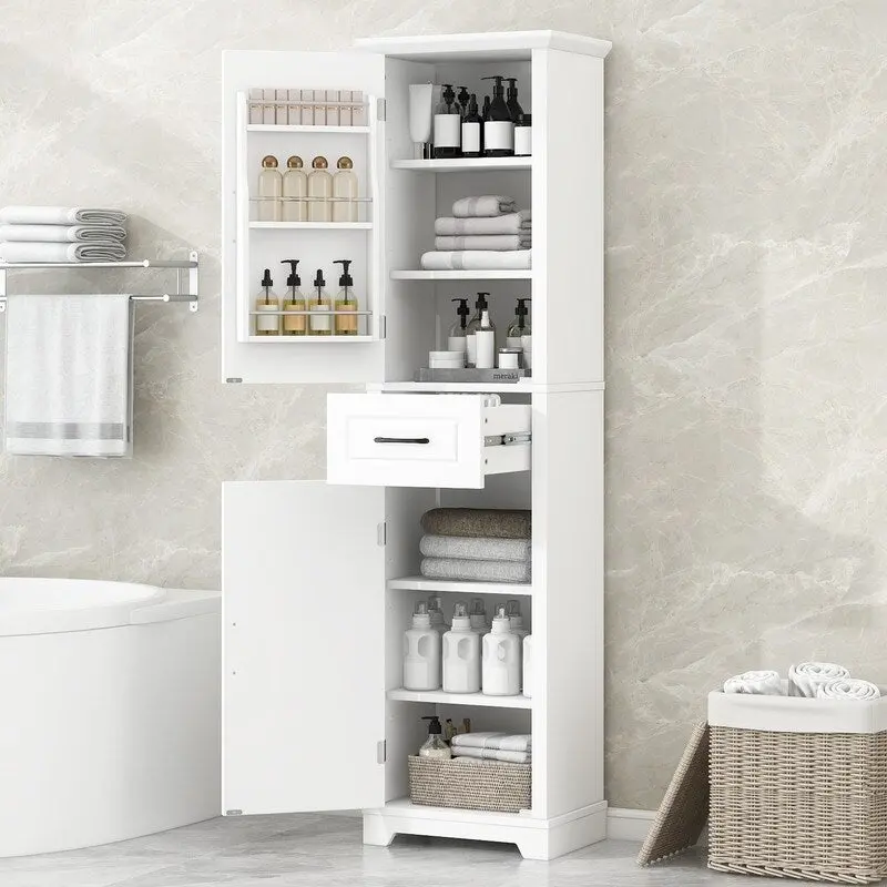 White Freestanding Storage Cabinet with 2 Doors, 1 Drawer & Adjustable Shelves