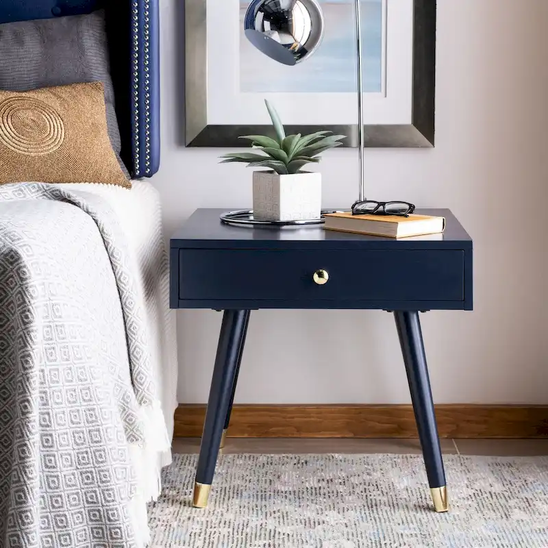 Mid-Century End Table with Brass Caps – Navy / White / Brown, Dark Wood, Single