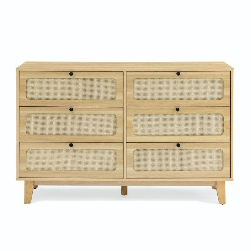 Mid-Century Modern Boho Style 6 Rattan Drawers Double Dresser with MDF Frame and Solid Wood Legs,