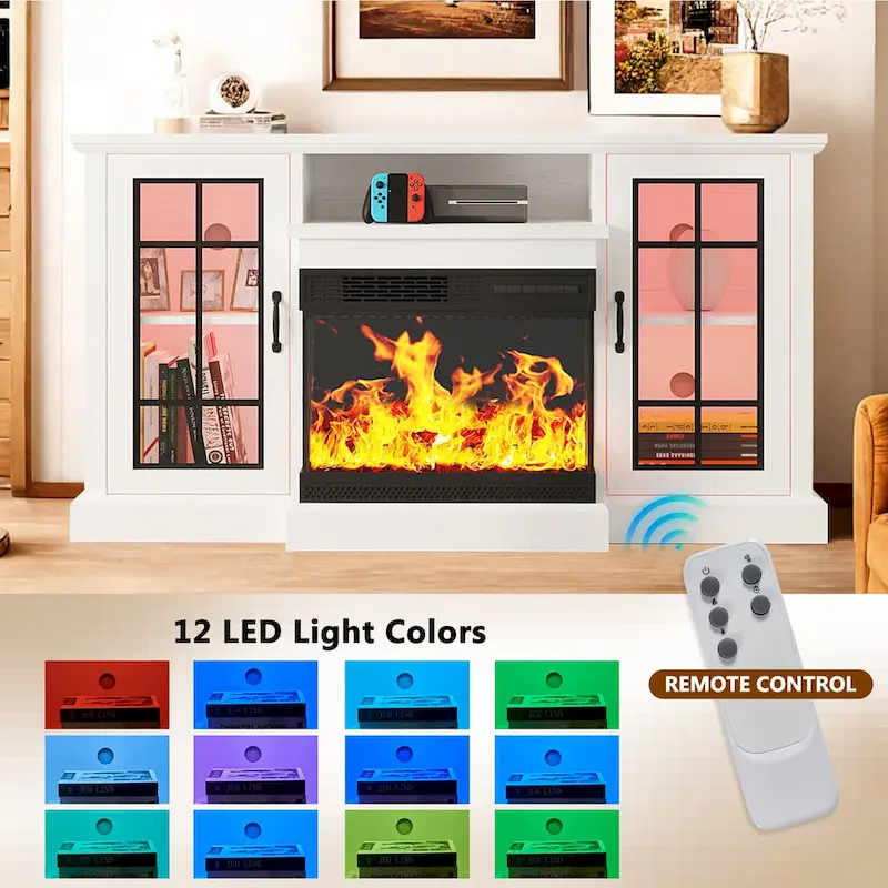 Fireplace TV Stand with All-Sided Glass Electric Fireplace