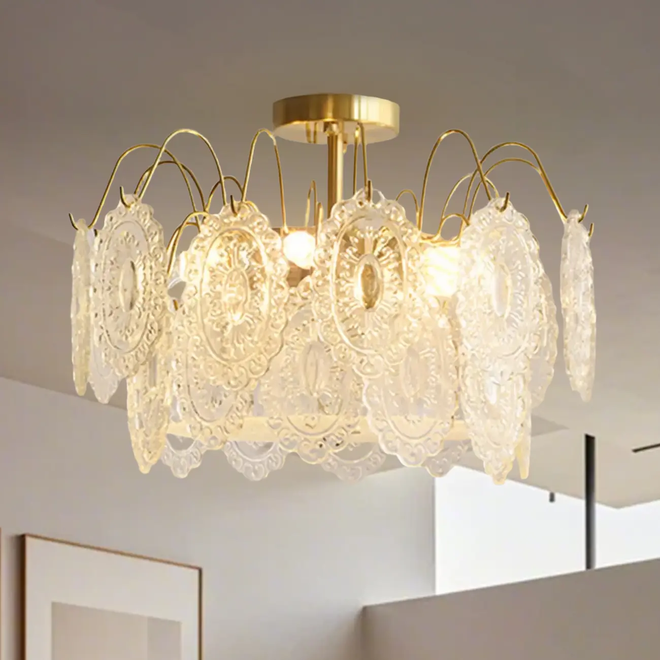 Elegant Round Gold Clear Glass Semi Flush Ceiling Light
