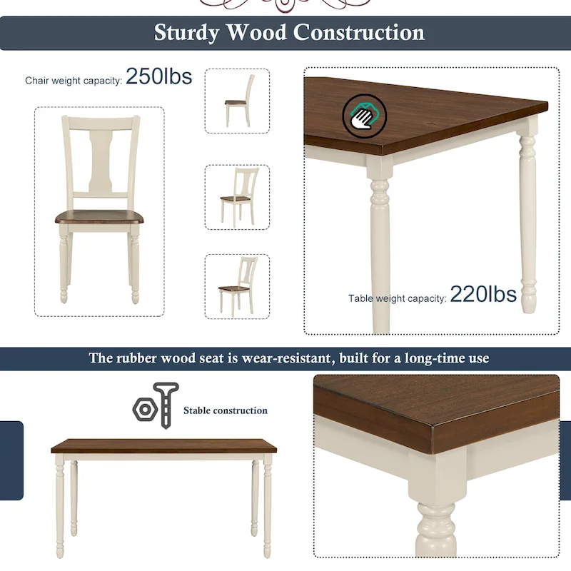Classic 6-Piece Dining Set Wooden Table and 4 Chairs with Bench