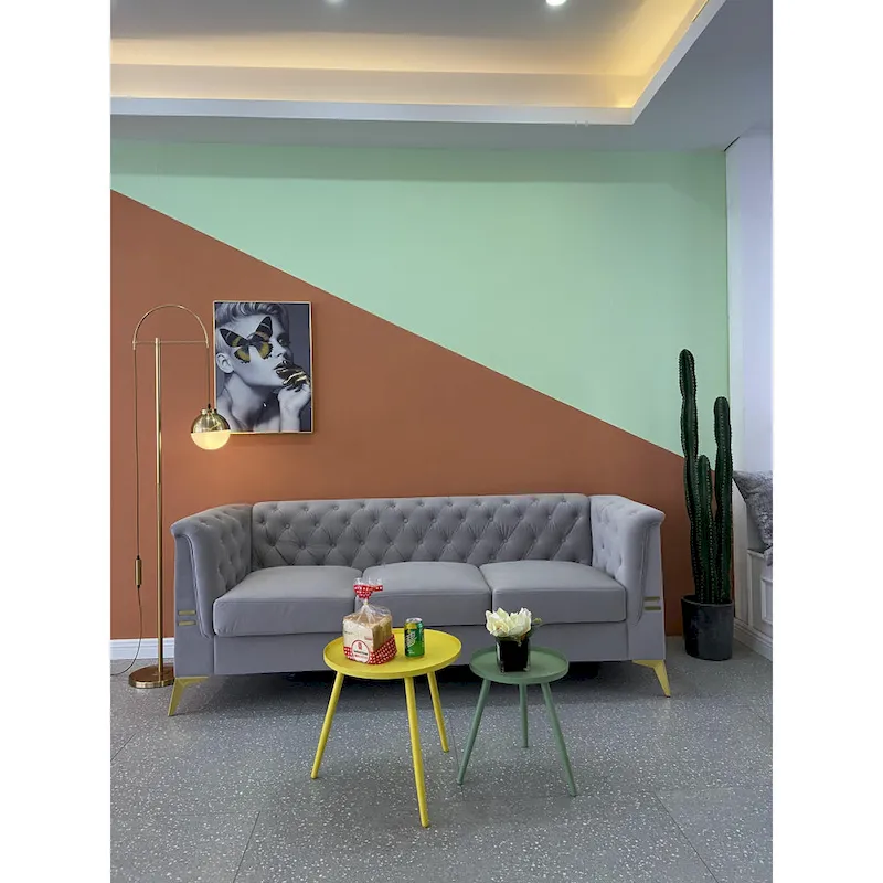 82 Velvet 3 Seater Chesterfield Sofa Couch with Gold Metal Legs, High Rebound Sponge and Removable Cushions