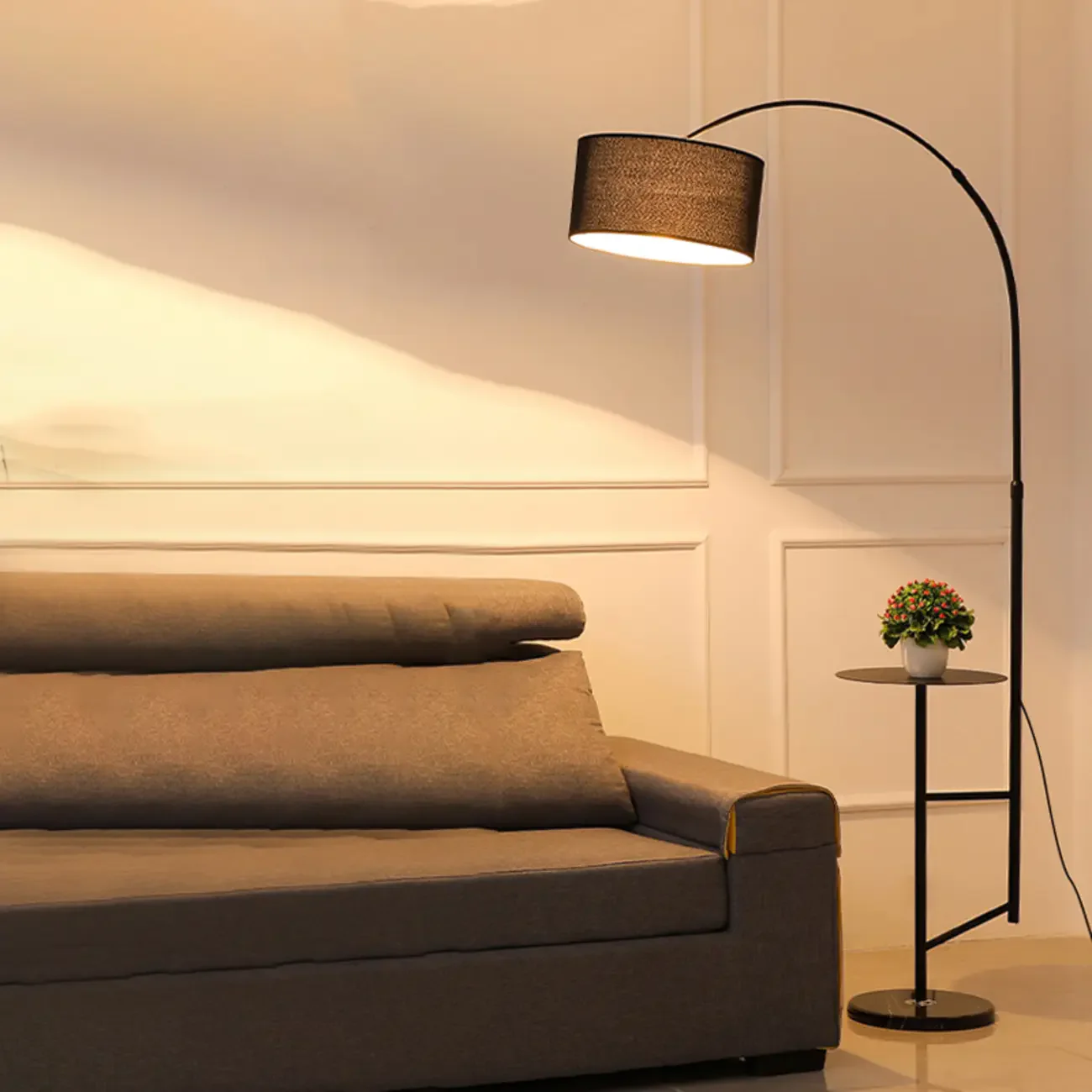 Modern Fabric Drum Shade Adjustable Arc Floor Lamp with Table