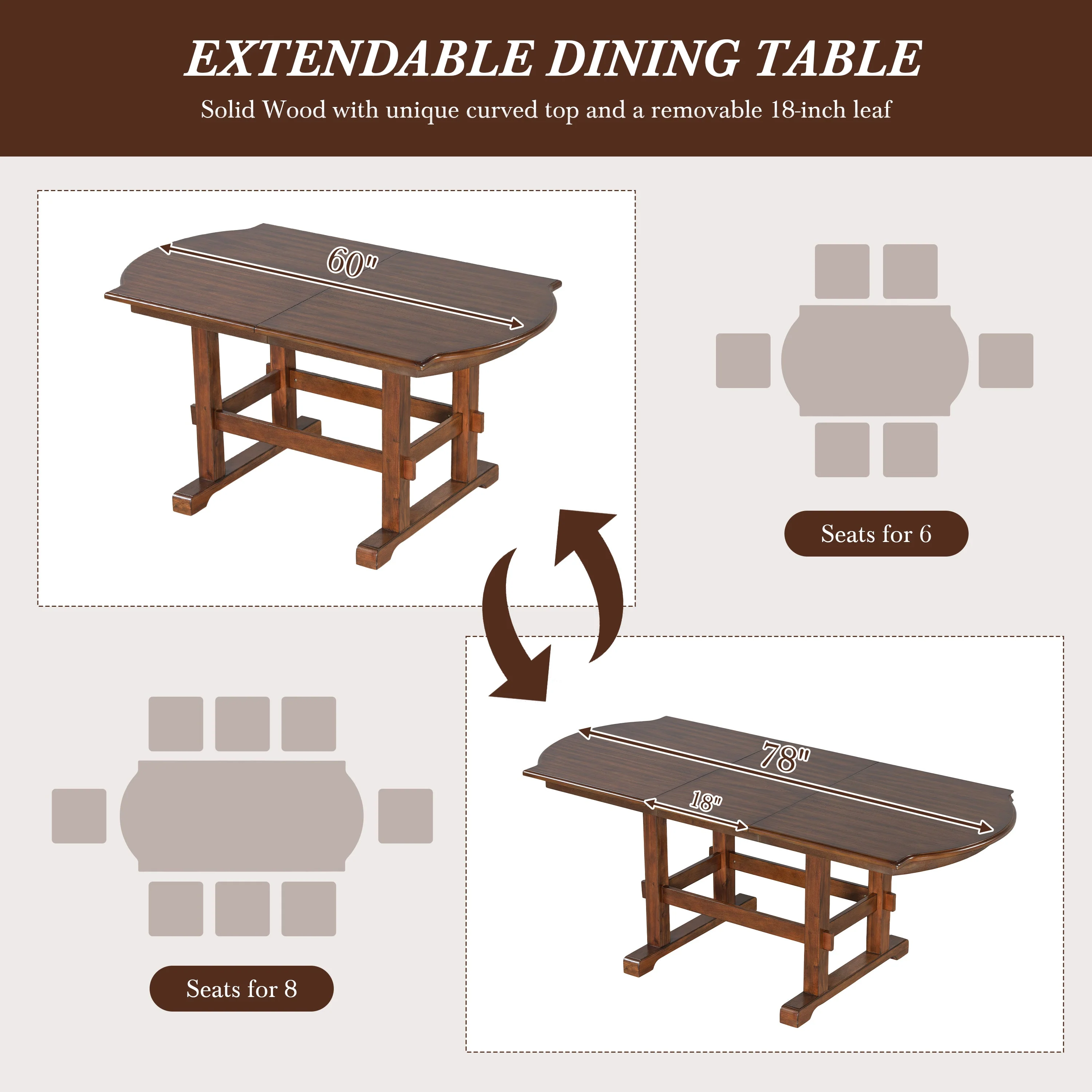 Traditional Farmhouse 6 Pieces 78 Extendable Dining Table Set with Bench