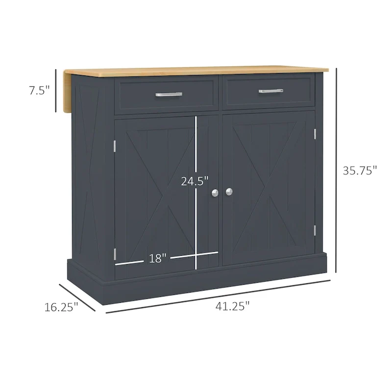 Grey Farmhouse Rolling Kitchen Island Cart with Drop Leaf, 2 Drawers and Cabinet – Single Unit