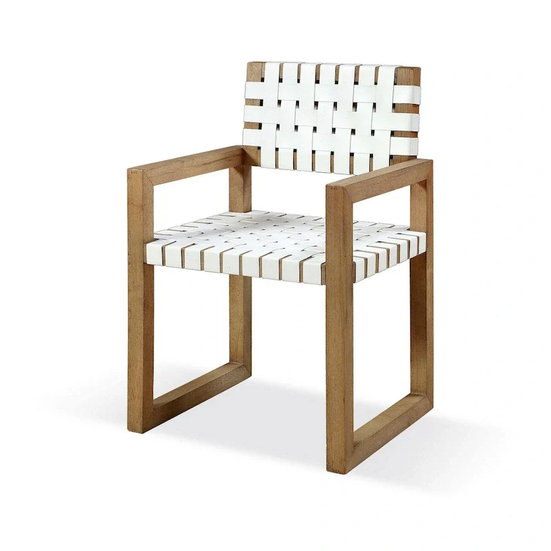 Dining Armchair, Faux Leather Woven Seat, Sled Leg, White, Brown