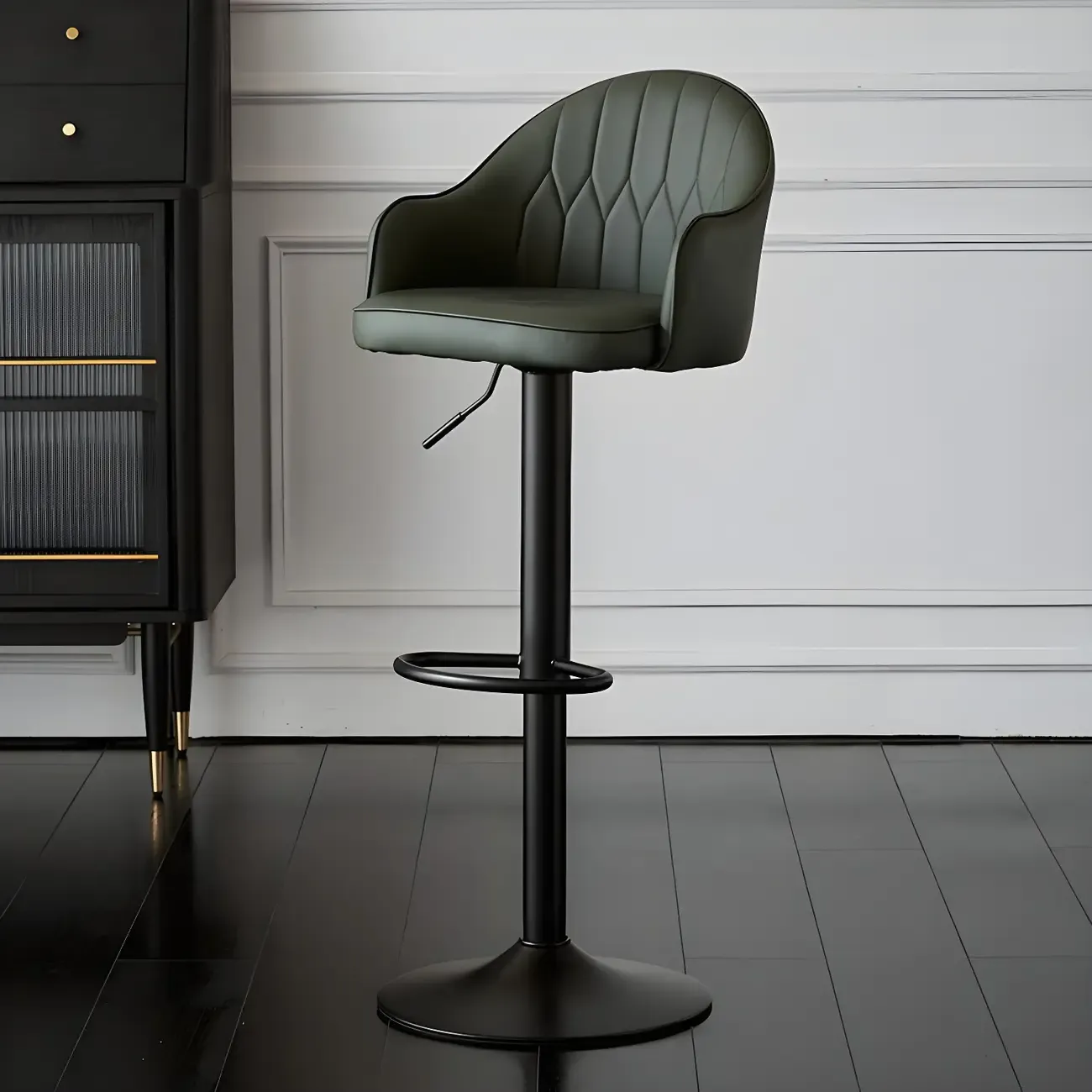 Swivel Upholstered Adjustable Height Home Armed Barstool with Metal Base