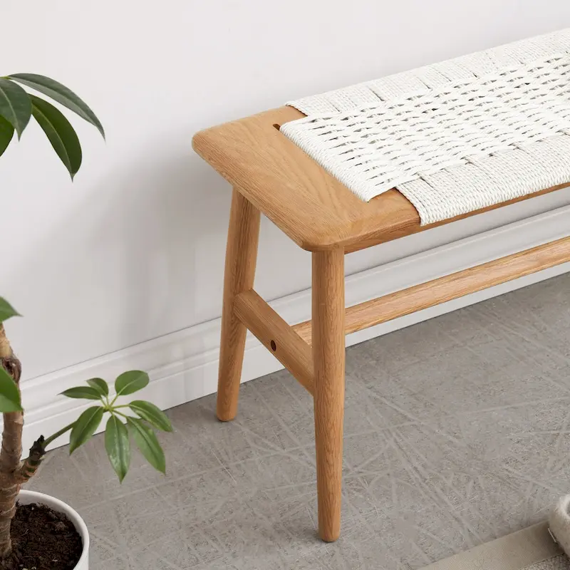 Solid Wood Bench with Woven Cane Seat