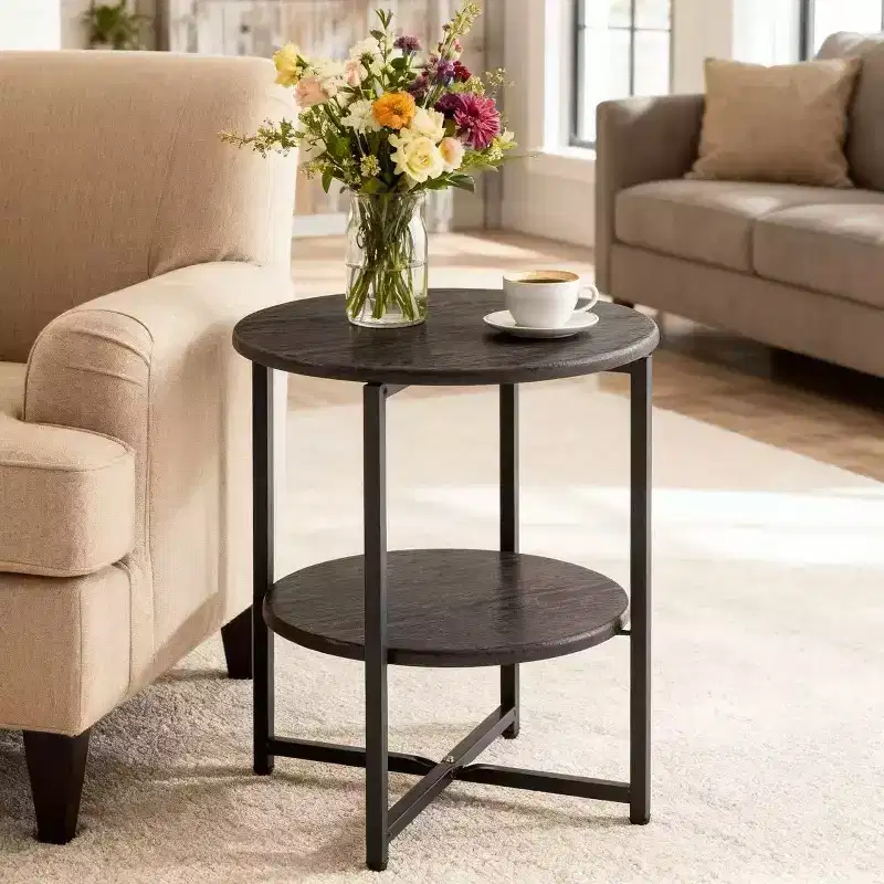 Homy Casa Round 2-Tier End Table with Metal Frame and Wood Shelves, Black Oak