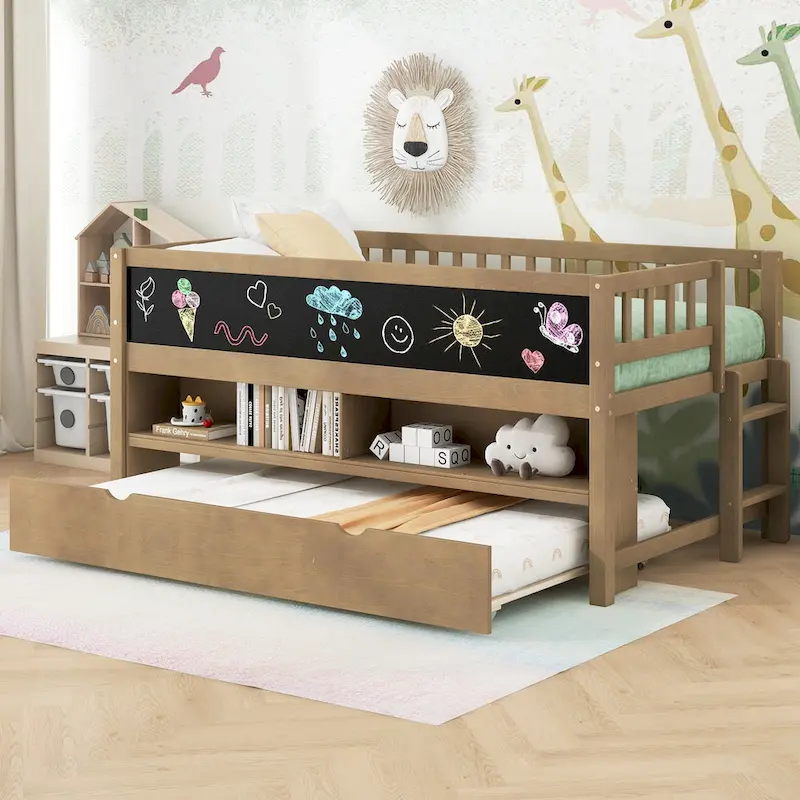 Twin Size Wood Low Loft Bed with Storage Shelves, Blackboard and Trundle, White