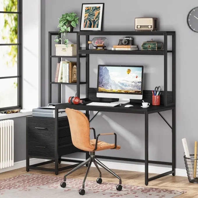 Rustic Computer Office Desk with Drawers and Hutch