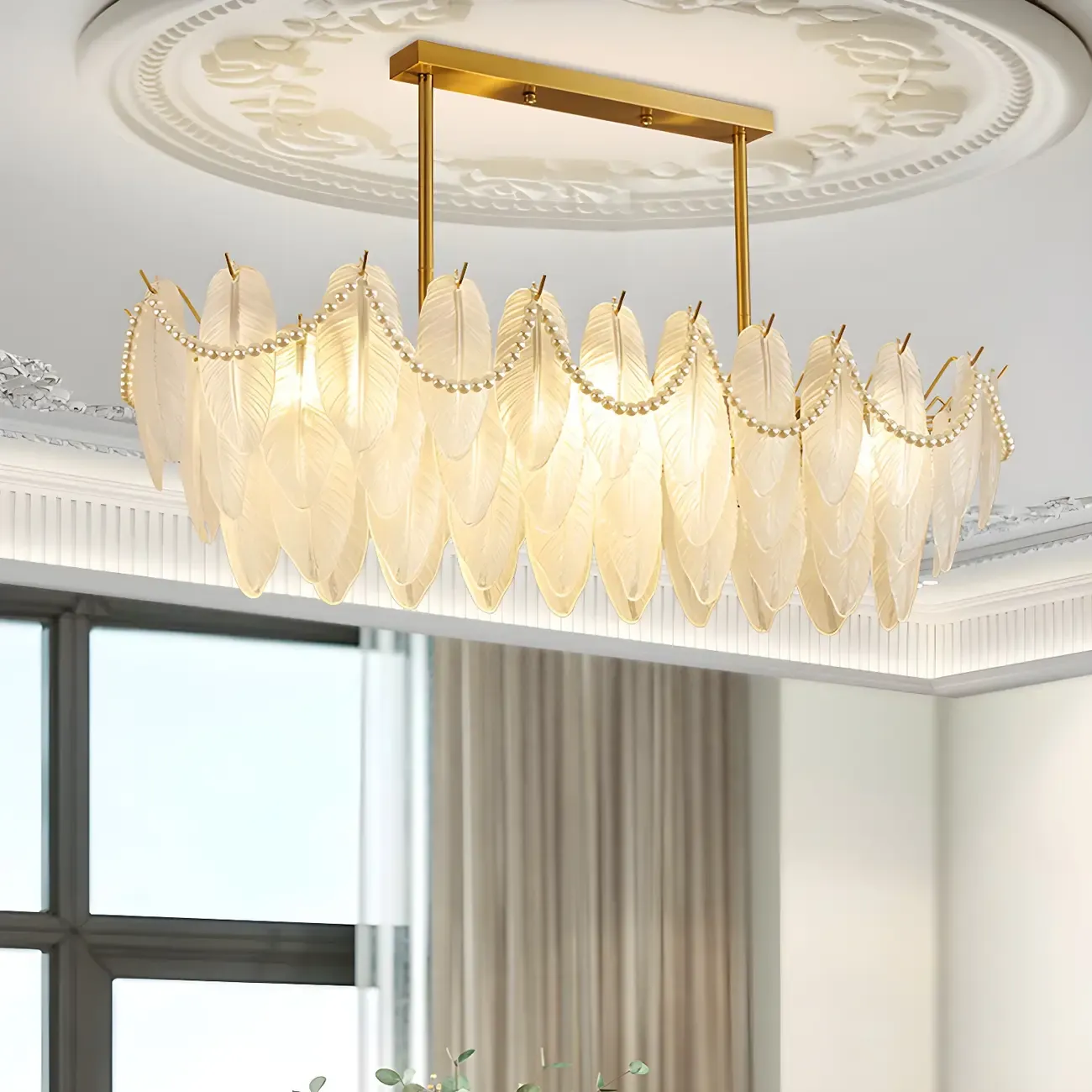 Adjustable Modern Glass Feather Island Chandelier in Gold