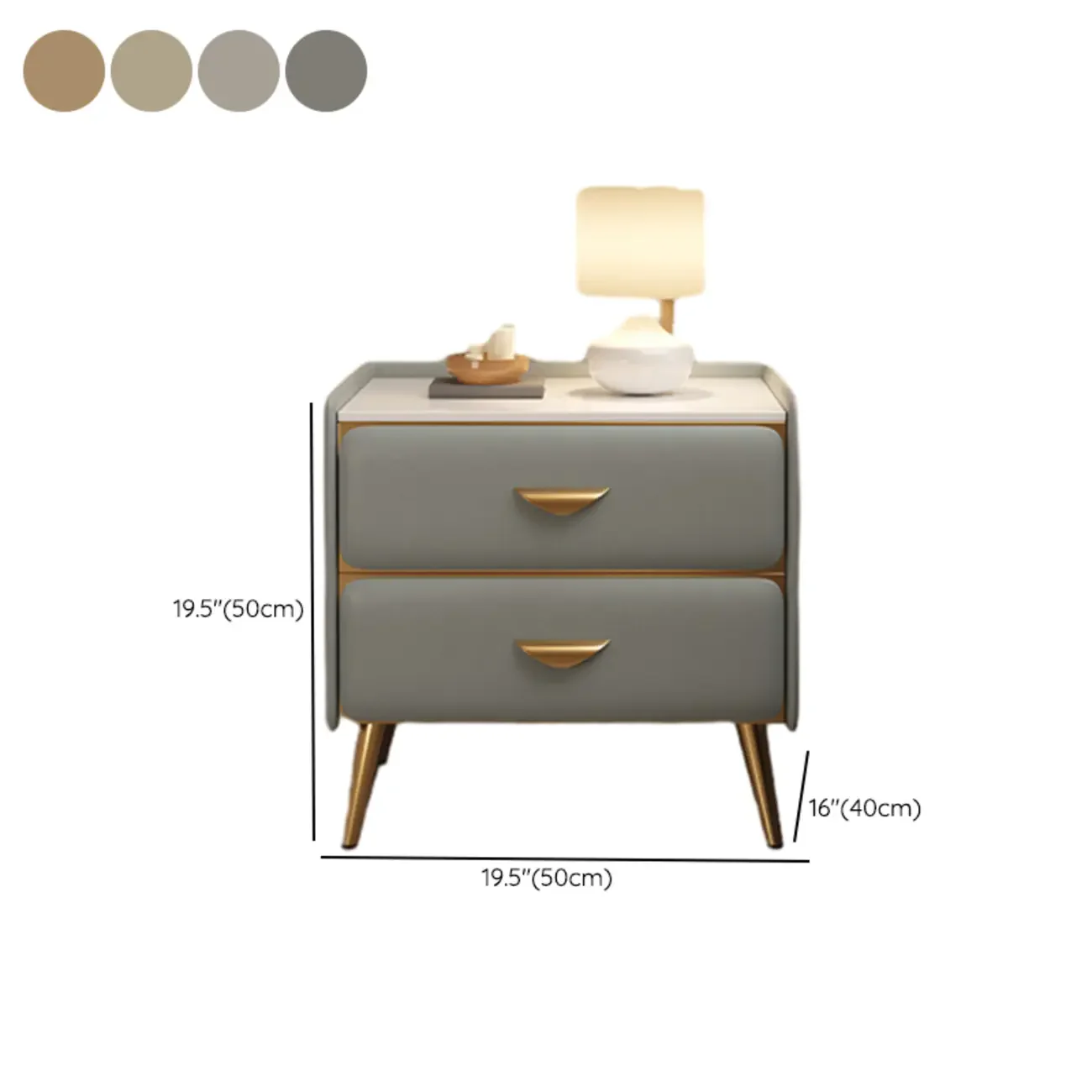 Elegant Stone Top Gold Accents Nightstand with 2 Drawers