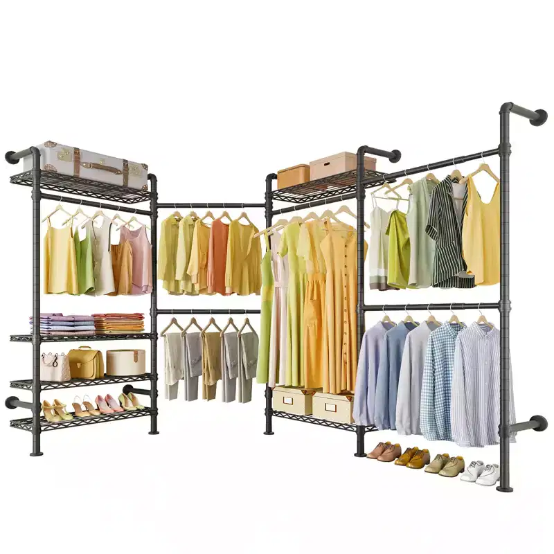 Timate L4 L Shape Garment Rack Clothes Rack , Expandable Industrial Pipe Clothing Rack, Wall Mounted Closet Organizer Large Wardrobe Closet