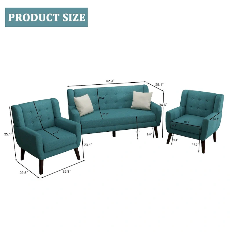 Tufted Linen/Cotton Loveseat with 2 Accent Chairs