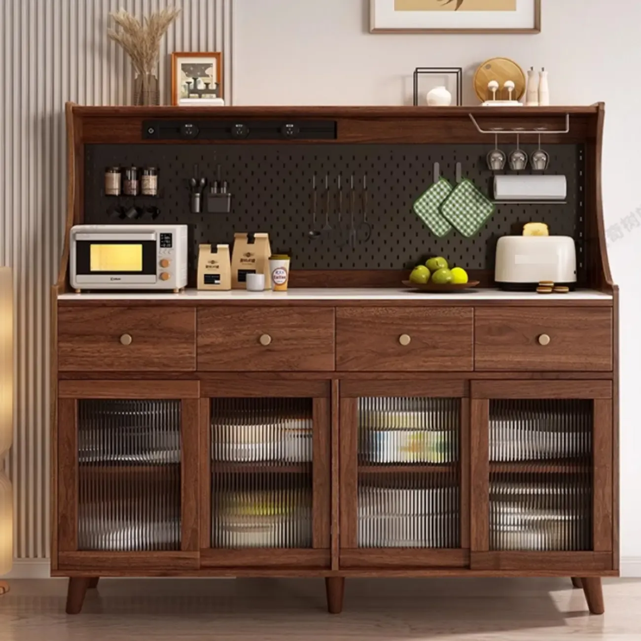 Modern Slab Buffet with Stone Countertop and Sliding Doors