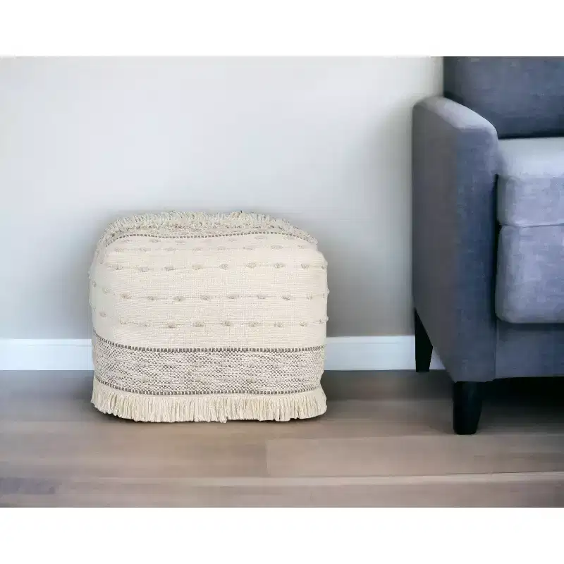 18 Cream Cotton Striped Pouf Ottoman